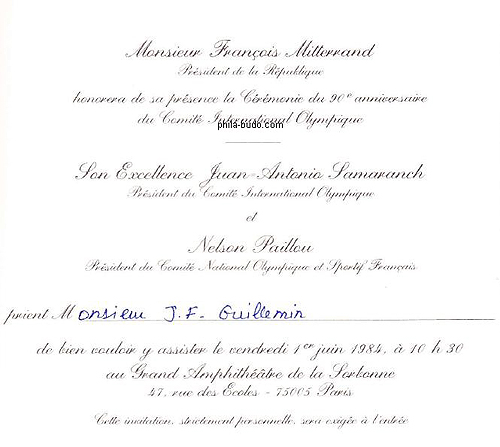90ème anniversaire du Comité International Olympique (CIO) - Paris Juin 1984